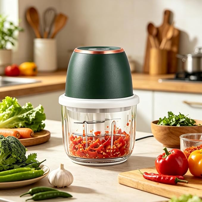 Electric Garlic Chopper, 2026 Upgraded Mini Food Processor 350ml, Cordless USB Rechargeable Food Chopper with 6 Stainless Steel Blades & Thickened Glass for Garlic Ginger Nuts Meat (350ml-Blue)