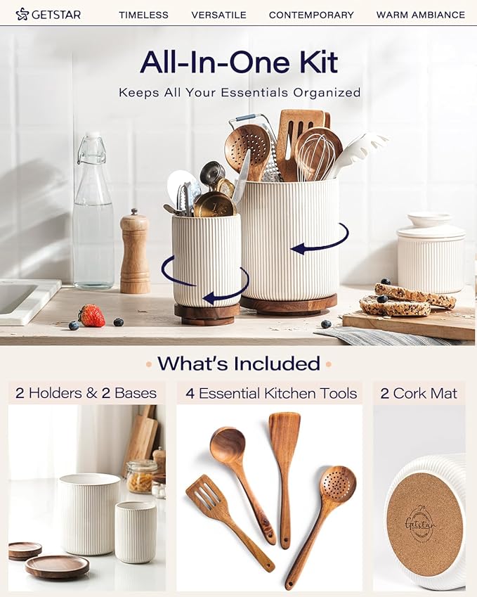 getstar Large Rotating Utensil Holder for Kitchen Counter,7.9"+6" Ceramic Utensils Crocks Set for Countertop Large & Small Utensil Organizer for Spatula Farmhouse Kitchen Decor