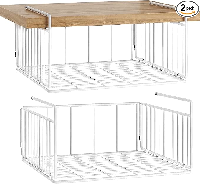 SUFAUY Under Shelf Basket Storage, 2-Pack Under Cabinet Hanging Wire Organizer for Pantry Kitchen, White