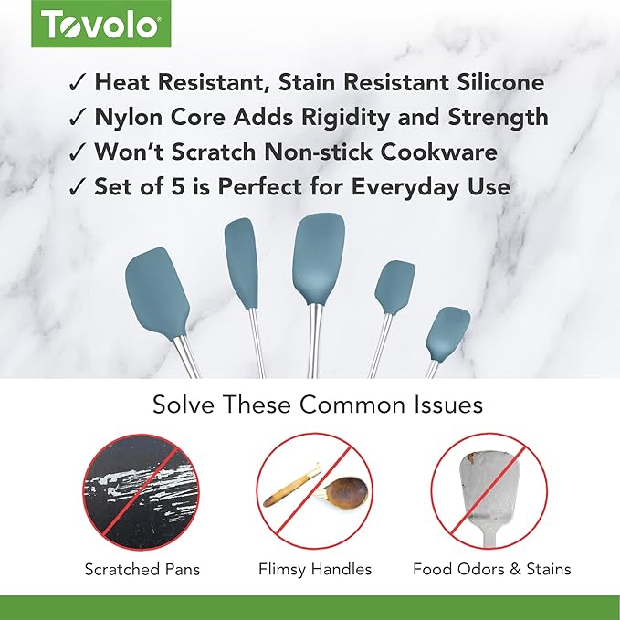 Tovolo Stainless Steel Handled Silicone Spatula Set of 5, Dishwasher Safe Kitchen Spatula Set for Cooking Baking, BPA Free Silicone Spatula set with Metal Steel Handle, Blue Slate