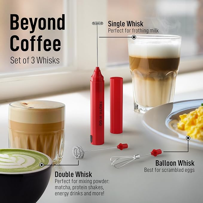 Zulay Froth N Go Milk Frother – Rechargeable 3-in-1 Handheld Frother Wand with Travel Case & USB-C Charger – Single, Double & Egg Whisk for Latte, Cappuccino, Matcha, Protein Shakes – Red