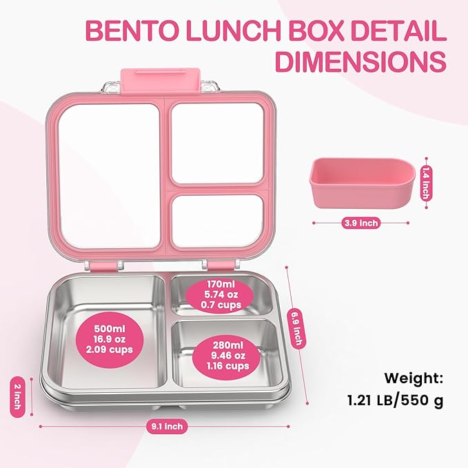 BABHAMNESS Stainless Steel Bento Lunch Box for Kids Adults, 3 Compartments Metal Bento Box with Transparent Lid & Silicone Container for Kids,Dishwasher-Safe,School & Travel,BPA-Free(Pink)