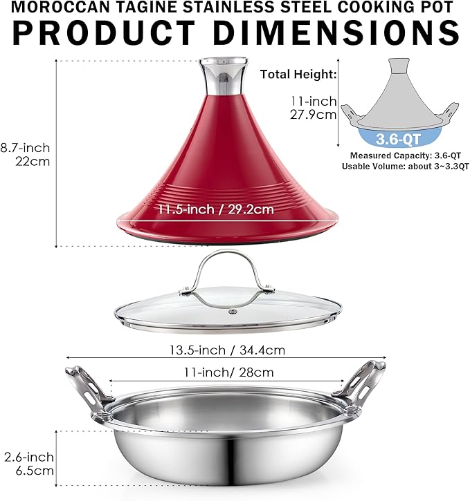 Cooks Standard Moroccan Tagine Pot 3.6 Qt, 11 Inch Multi-Ply Clad Stainless Steel Pan with Dual Handles, Clay Pot Alternative for Slow Cooking, with Conical Die-Cast Aluminum & Glass Lid, Red
