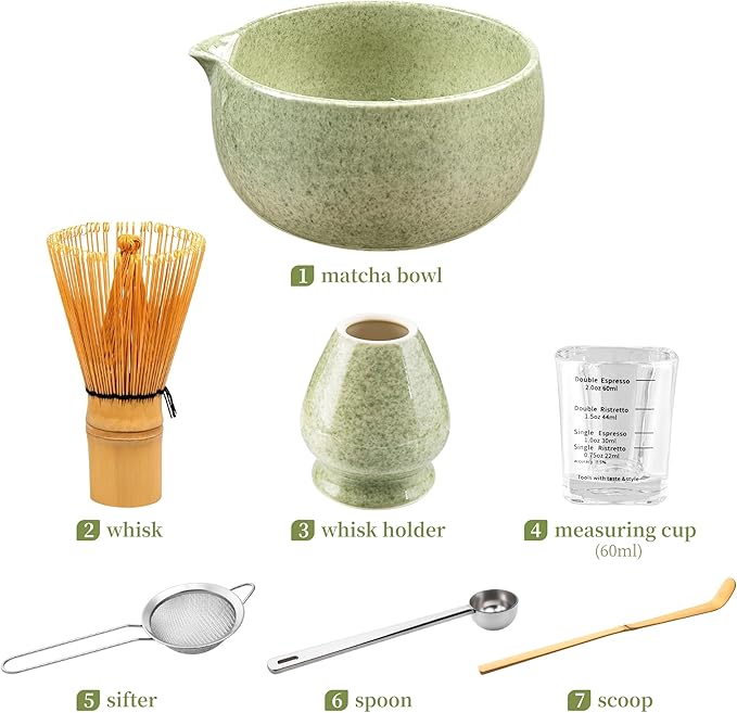 YIBO Matcha Whisk Set With Bowl, Ceramic Matcha Making Kit Includes Bamboo Whisk (Chasen), Holder Stand, Powder Starter Sifter, Scoop, Measuring Spoon & Cup Tea Tools For Ceremony (Mottled Green)