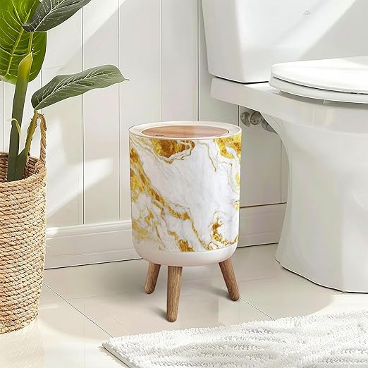 Trash Can with Lid Marble Golden Texture Wall Press Top Round Small Garbage Bin with Wooden Legs Waste Basket for Kitchen Bedroom Nursery 7L/1.8 Gallon