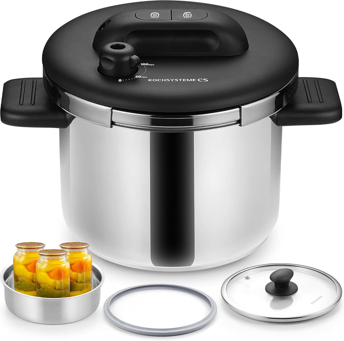 KOCH SYSTEME CS Stainless Steel Pressure Cooker 8.5 Quart, Olla de Presion, 3 PSI Settings, 18/10 Stainless Steel Pressure Cooker, One-Press Lock Pressure Cookers, Induction Ready, Glass Lid & Steamer
