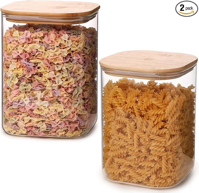 Glass Food Storage Jars 3.6 Qt Set of 2,Glass Storage Containers Clear Glass Food Canister with Bamboo Lid Airtight For Serving Tea, Coffee, Flour, Sugar, Candy, Cookie, Spice and More (Square)
