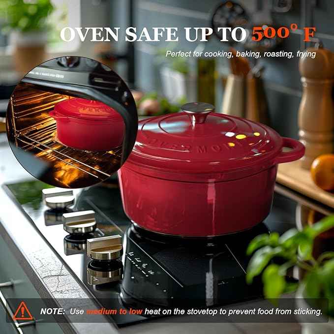 Overmont 5.5QT Enameled Cast Iron Dutch Oven with Lid Cookbook Heavy-Duty Casserole with Dual handles for Braising, Stews, Roasting, Bread Baking