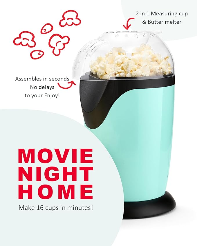 Hot Air Popcorn Maker, 10-Cup Electric Pop Corn Popper machine with Measuring Cup & Butter Melter, Fast Popping & Oil-Free, BPA-Free kitchen appliances for Home Movie Nights & Parties - Aqua