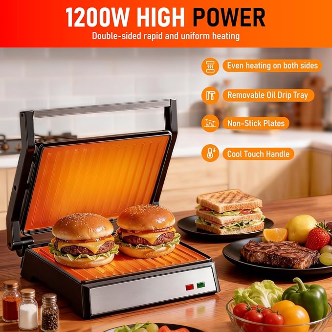 Panini Press Grill, 1200W Sandwich Maker with Non-Stick Plates, Standard 2-Slice Sandwich Press Electric Indoor Grill, Opens 180° to Fit Any Size of Food, Removable Drip Tray, Stainless Steel, Sliver