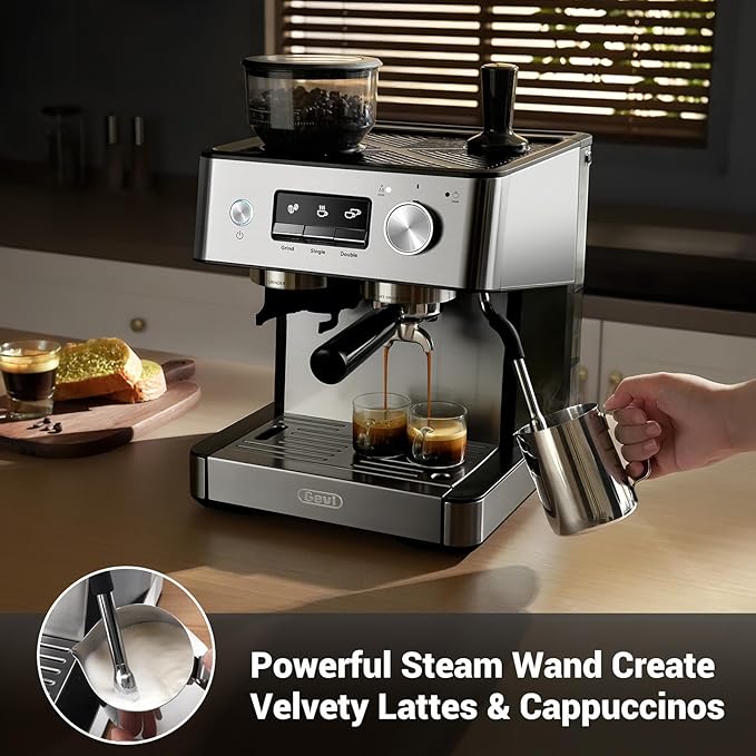 Gevi 20 Bar Espresso Machine with Built-in Grinder & Milk Frother | Professional Coffee Maker for Home | Cappuccino, Latte, 2.3L Removable Water Tank, Stainless Steel Steam Wand