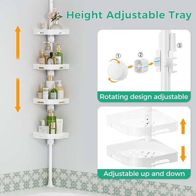 shuang qing 4-Tier Corner Shower Caddy Tension Pole Organizer - Adjustable Rustproof Metal Tension Pole, Plastic Shelves with Safety Guardrail, Bathroom Storage for Shower & Bathtub(White)