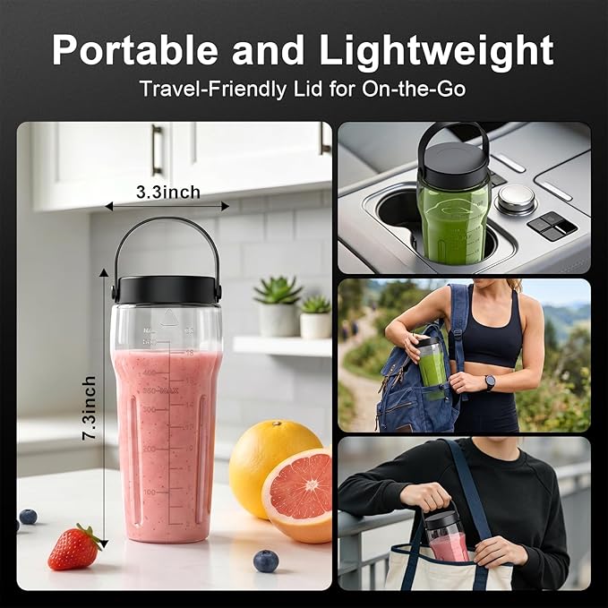 Portable Blender for Smoothies and Shakes, 17oz Personal Blender with 6 Stainless Steel Blades, USB-C Rechargeable, LED Display, BPA Free, Compact Travel Cup with Extra Lid for Gym, Office & On-the-Go