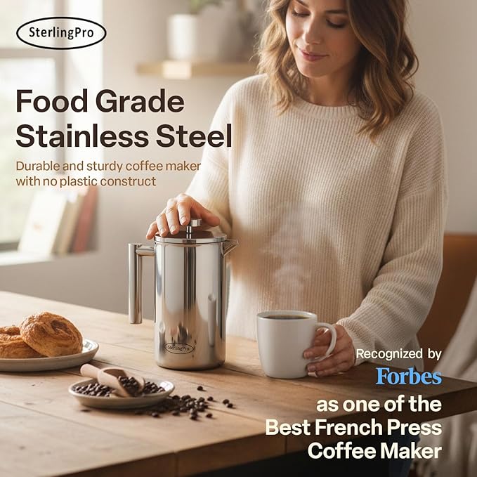 SterlingPro Stainless Steel French Press Coffee Maker 1 L (34 oz) Mirror – Double Walled Insulated Large Coffee Press, Durable Design Keeps Drinks Hot, Easy to Use and Clean for Rich Flavor Brewing