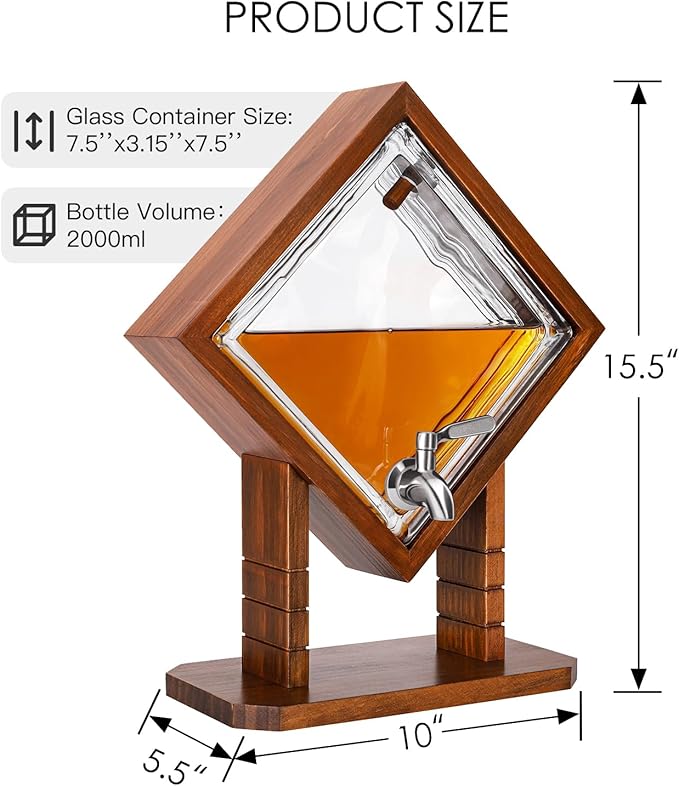 Whiskey Decanter with Wood Stand, Liquor Dispenser for Home Bar and Mancave Decor, Unique Birthday Christmas Gift for Men Dad and Whiskey Lovers, Bourbon Scotch Tequila