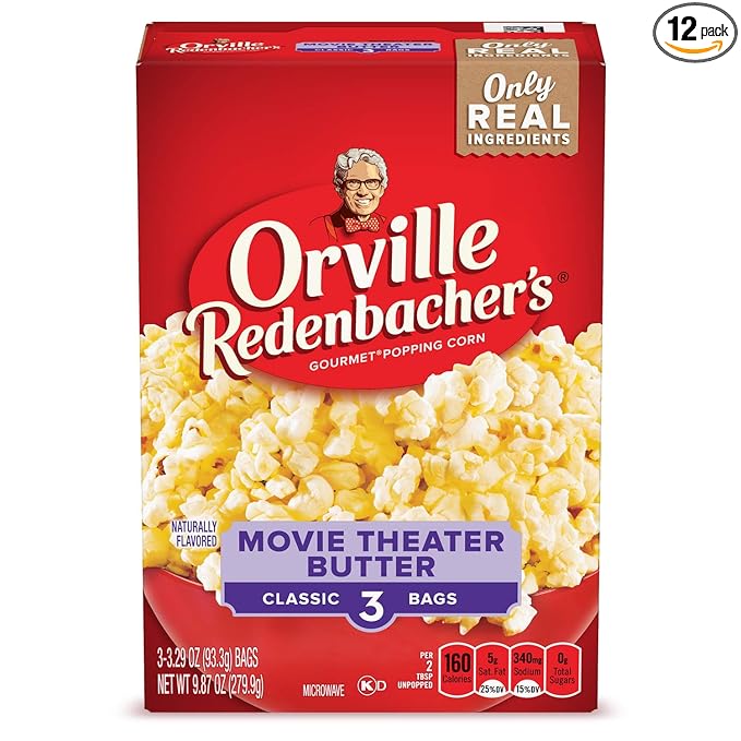 Orville Redenbacher’s Microwave Popcorn, Movie Theater Butter Flavor, 3g Fiber Per Serving, 3.29 oz., 3-Count (12 Boxes)