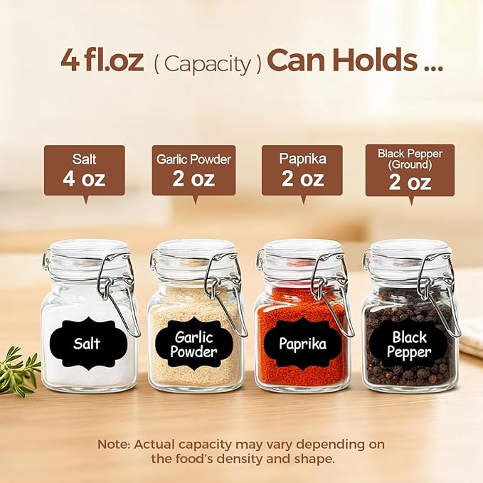 ComSaf Set of 12 Square Glass Spice Jars with Airtight Lids (4 Oz), Mini Favor Jars with Wire Clamp for Honey, Herbs & Farmhouse Kitchen Pantry Organization, with Funnel & Labels
