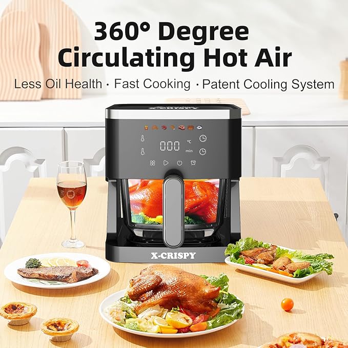 APSARAS USA Air Fryer Glass, 5.2QT Convection Oven Glass Air Fryer Non Toxic, Transparent Fry Bowl | Cook Shrimp, Steak, Fries, Wings, Chicken & More | Precise Temperature Control & Time