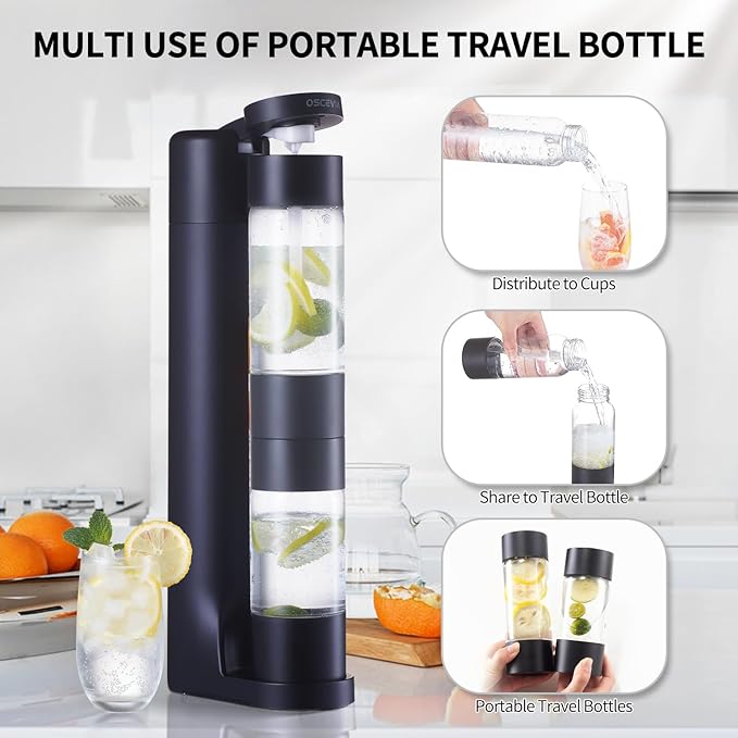 Sparkling Water Machine Soda Maker Beverage Drink Dispenser for Home, Soda Streaming with 1L BPA Free Bottle, 2 Portable Bottle for travel, Seltzer & Carbonator Srew-in 60L CO2 (NOT Included), Black