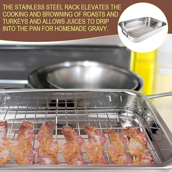 Stainless Steel Roasting Pan with Rack Rectangular Baking Pan BBQ Bakeware Quarter Sheet with Handles for Turkey Chicken Meat & Vegetables (36x26x6CM)