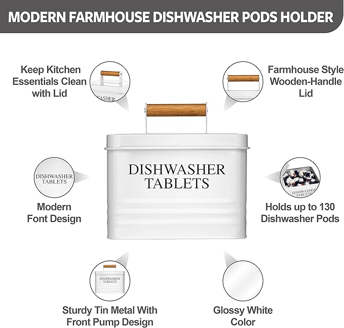 Calindiana Modern Farmhouse Metal Dishwasher Pods Container Holder with Lid for Kitchen Organization and Storage, Kitchen Essentials Decor Accessories, White