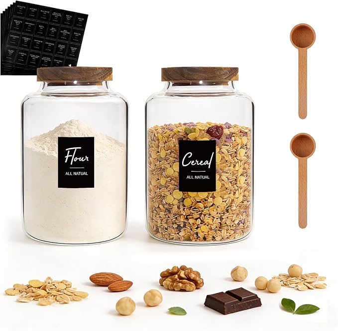 66oz Large Glass Storage Jar with Wooden Lids Spoons Labels Glass Coffee Ground Canister Borosilicate Glass Sugar Flour Container for Cookies Spice Rice Tea(2000ml/67oz-2 pack-with scoop)