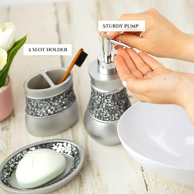 Creative Scents Crackled Glass Silver Bathroom Accessories Set - 6 Piece Bathroom Set Includes: Toilet Brush and Holder Set, Tissue Box Cover, Toothbrush Holder, Soap Dispenser, Soap Dish & Tumbler