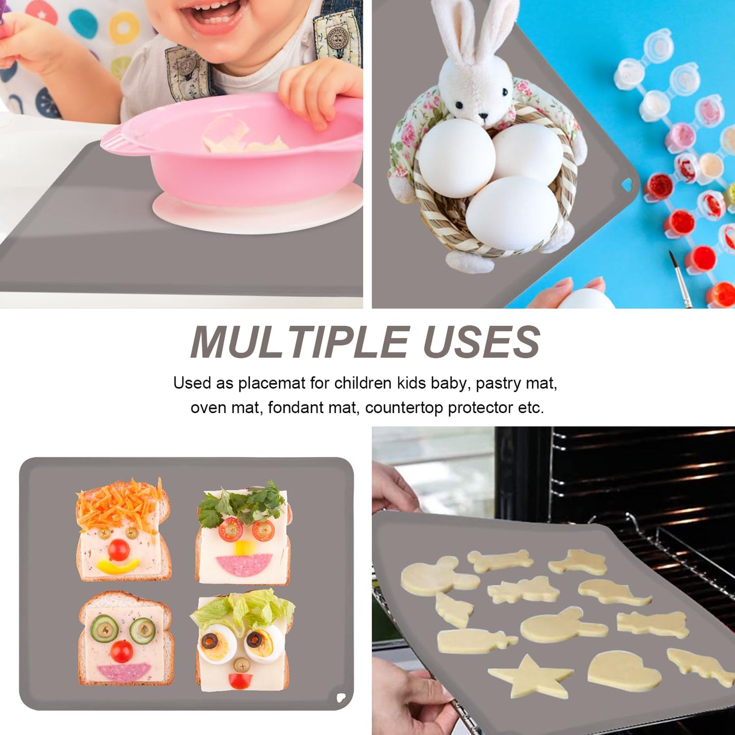 Silicone Placemats for Toddlers Thicker Version, Non-Slip Reusable Kids Placemats for Dining Table, Stain-Proof Baby Table Mat for Restaurants 4 Packs (Light Gray&Dark Gray)