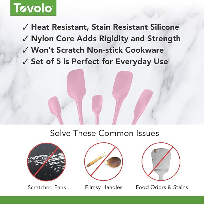 Tovolo Flex Core 5 Piece Silicone Spatula Set Heat Resistant All Silicone Utensils Include Non Stick Spatula Spoonula Jar Scraper, Dishwasher Safe BPA Free Spatulas for Baking Mixing, Pink Sorbet