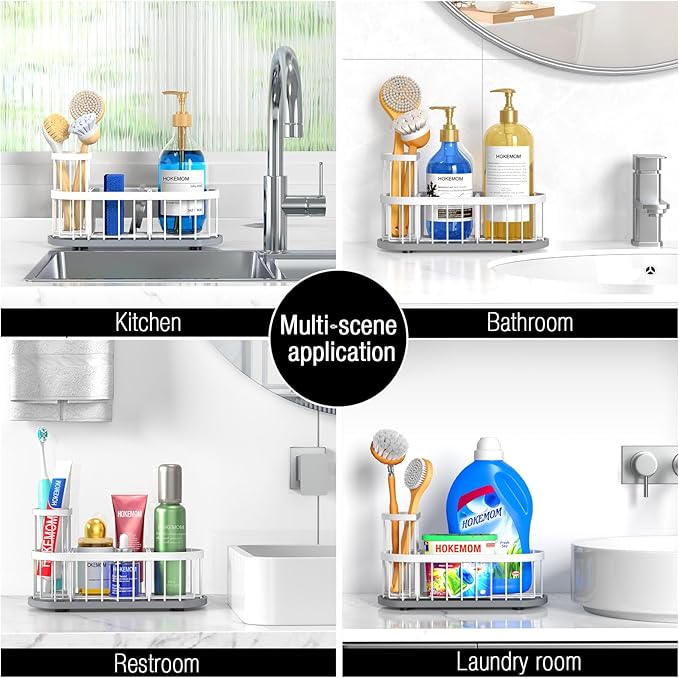 Sponge Holder for Kitchen Sink with High Brush Holder, [Stay-Dry Anywhere & No Drainage Needed] Rustproof Stainless Steel Kitchen Sink Caddy Organizer with Water Absorbing Stone Tray, White