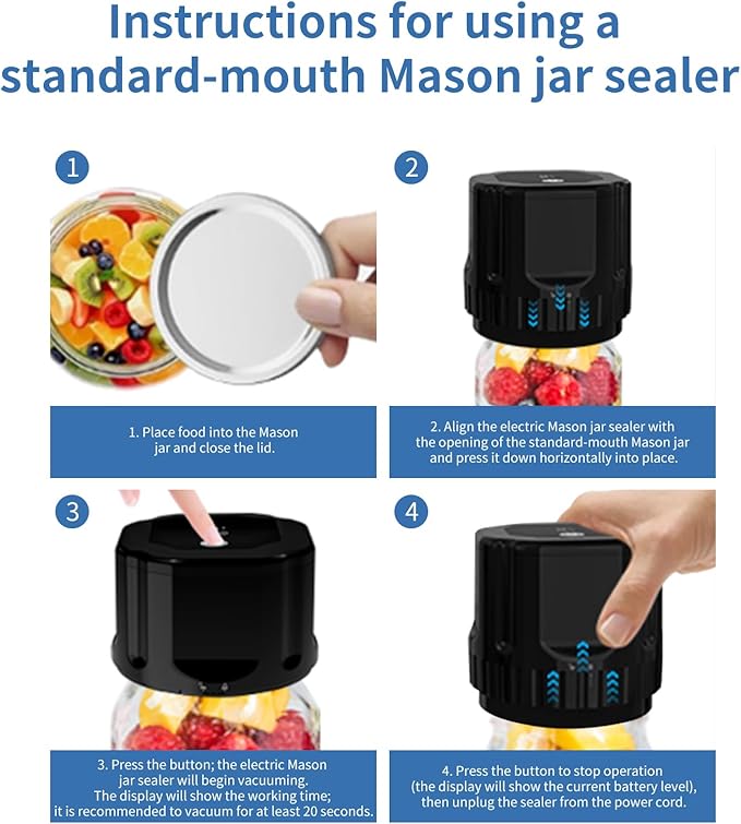 Electric Mason Jar Vacuum Sealer Kit (Lids Included), Handheld Automatic Vacuum Sealer for Jars, Bags, Food Savers & Containers, Food Preservation System for Canning Jams, Pickles, Dry Foods
