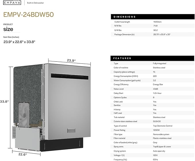 Empava 24” Built-in Dishwasher with Stainless Steel Tub, 15 Place Settings, 8 Wash Cycles, 3rd Racks, Auto Door Dry, 49 dB Quiet, ENERGY STAR Certified