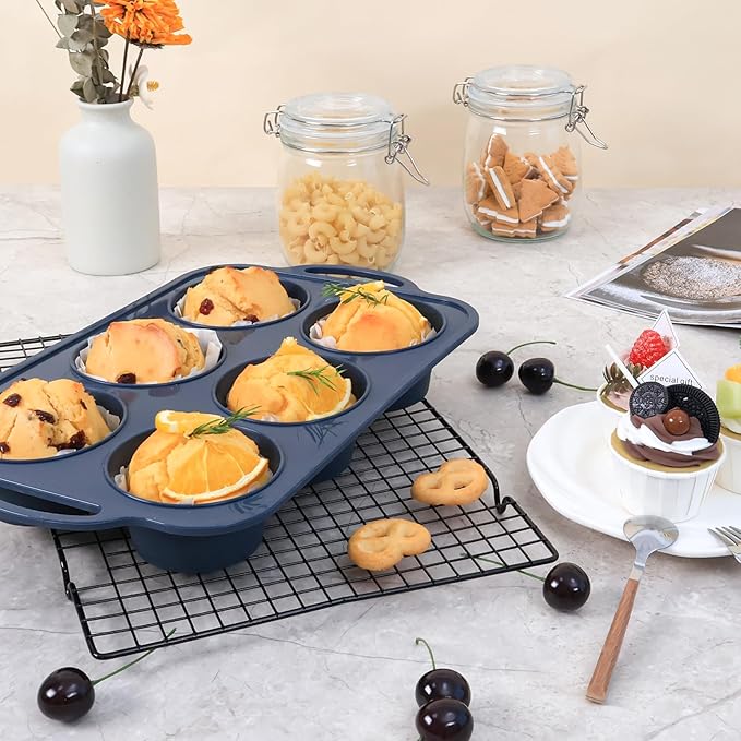 Jumbo Silicone Muffin Pan with Metal Frame, Non Stick Silicone Cupcake Pan with Handles 6 Cup, BPA Free Silicon Muffin Tin Tray Extra Large for baking, egg bites, Cupcake Mold Grey