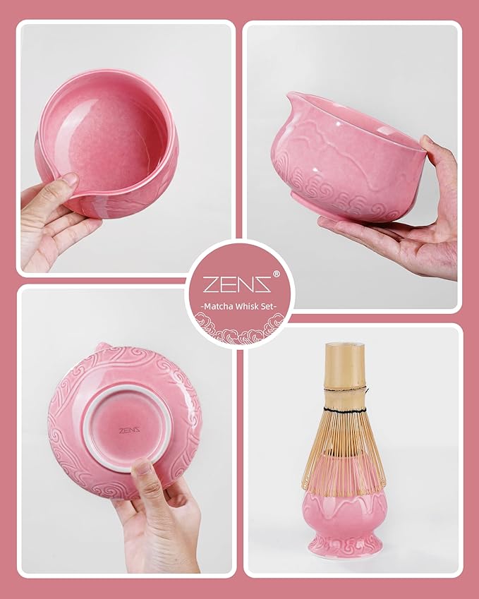 ZENS Pink Matcha Set, Matcha Whisk Set Includes Ceramic Bowl, Matcha Whisk and Chasen Holder, Bamboo Scoop-Tea Towel, 5pcs Matcha Kit Set for Matcha Lovers, Sakura Pink