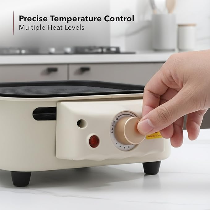 OVENTE 2-in-1 Electric Indoor Grill, 1500W Smokeless Korean BBQ Griddle with Non-Stick Removable Cooking Plate, 3 Raclette Cheese Pans, Adjustable Temperature Control, Dishwasher Safe, Beige BQR1502B