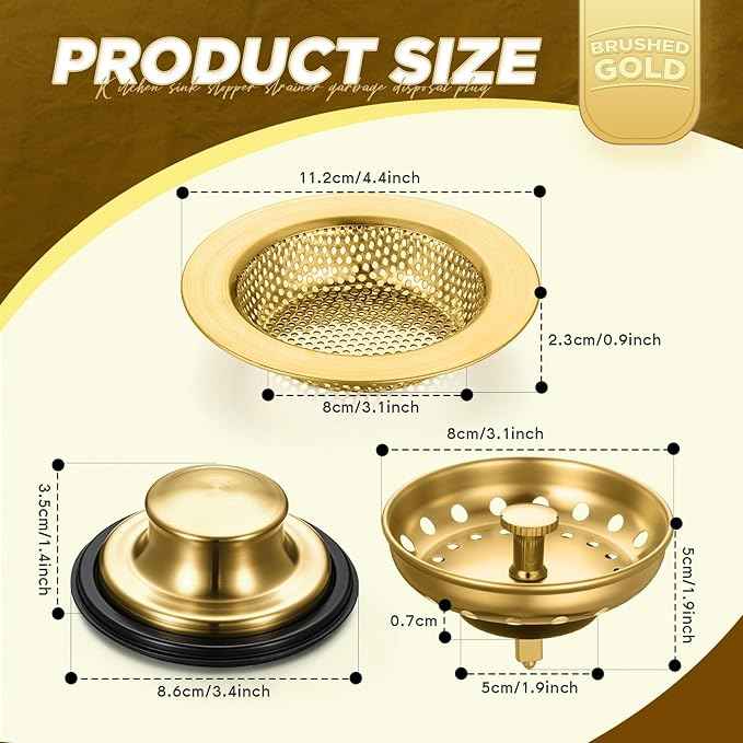 Mudder 3 Pcs Kitchen Sink Drain Strainer and Stopper Stainless Steel Garbage Disposal Plug with Handle Universal Anti-Clogging Kitchen Sink Filter Sieve Basket Strainer(Antique Gold)