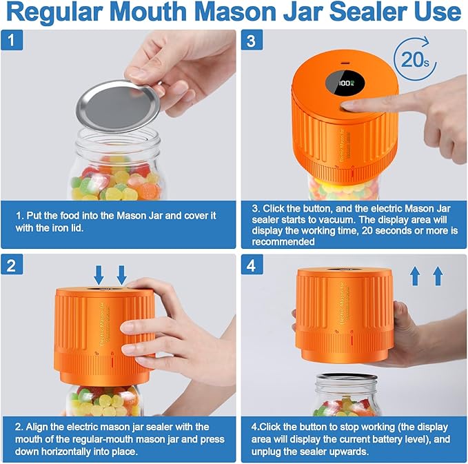 LOVE MOMENT Electric Mason Jar Vacuum Sealer Kit for Wide Mouth and Regular Mouth Mason Jar - Orange