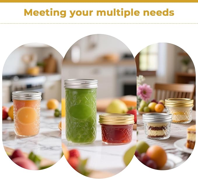 CycleMore 24 Pack Glass Mason Jars, Canning Jars With Bands & Lids, Ideal for Jam, Honey, Wedding/Shower Favors, Spice Jars & DIY - 4 OZ x 8, 8 OZ x 8, 12 OZ x 8 (4oz -8oz-12oz)