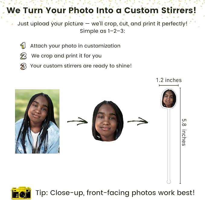 Custom Photo Face Stir Sticks Pack 5-500pcs, Personalized Acrylic Drink Stirrers with Your Photo, Dog, Cat, Logo or Face, Custom Cocktail Swizzle Sticks for Birthday & Graduation Decor