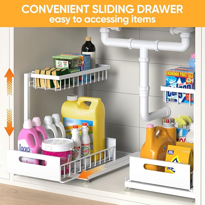 Saydear Under Sink Organizer Storage 2-Tier Premium Metal Pull-Out Racks, Height Adjustable, Easy Installation | Kitchen & Bathroom Organizers