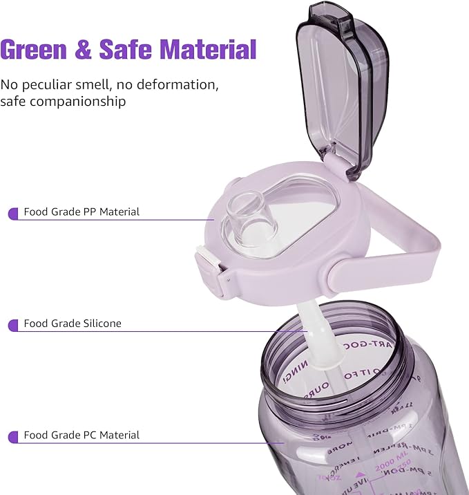 Half Gallon Water Bottle with Sleeve, Motivational Water Bottles with Time Marker/Straw, BPA Free Leakproof Large Sports Water Jug for Women Girls (Pure Purple)
