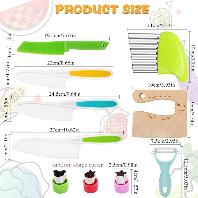 10PCS Kids Knife Set, Toddler Safe Knives for Real Cooking, Serrated Edges, Kids Cooking Utensils, Kitchen Tools for Toddlers, Potato Slicers, Cake Scraper