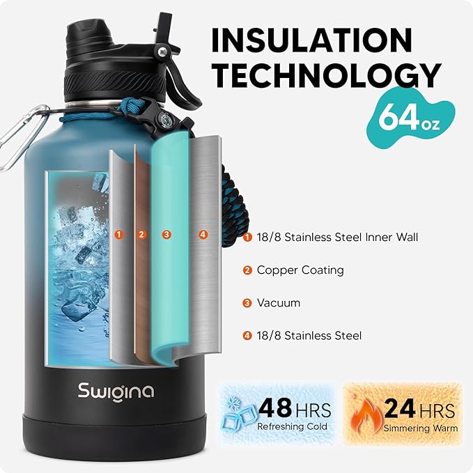 Swigina [2-IN-1 LID] 64 oz Insulated Water Bottle with Silicone Boot (48hrs Cold/24hrs Hot) - DIY Stickers, Leakproof, BPA Free, Half Gallon