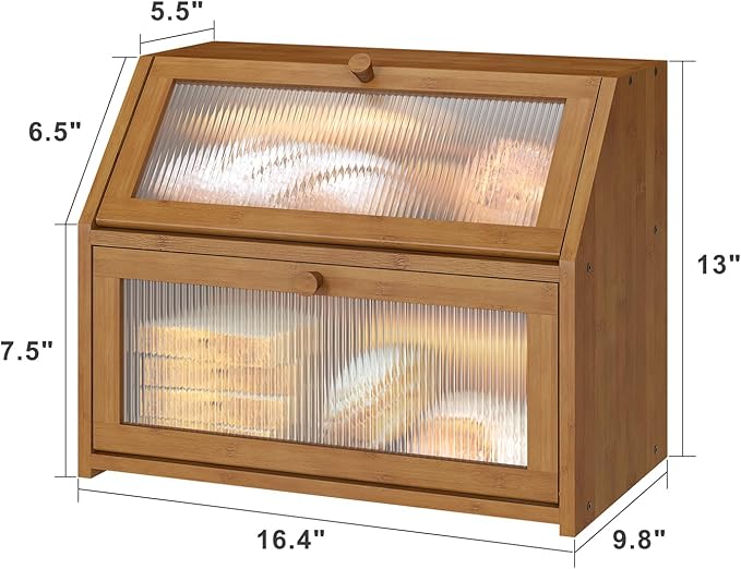 Bread Box for Kitchen Counter, Large Bamboo Wood Double Layer Bread Box, Wooden Bread Storage Capacity
