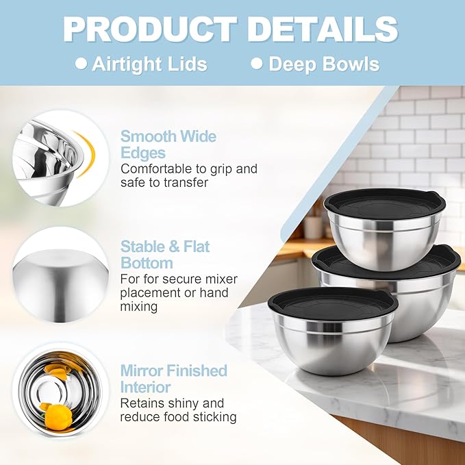 TeamFar Mixing Bowls, Stainless Steel Nesting Salad Bowls with Airtight Lids Set, For Serving/Mixing/Storing, Healthy & Long-lasting, Dishwasher Safe & Easy Clean, 4.6/3 / 1.5 QT, Black