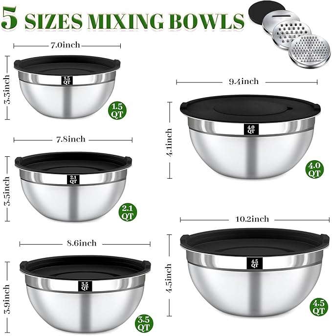 8PCS Mixing Bowls with Lids Set - 5 Nesting Mixing Bowls, 3 Grater Attachments, Lids, Stainless Steel Mixing Bowls for Mixing & Serving, Size 1.5/2.1/3.5/4/4.5 QT, Black