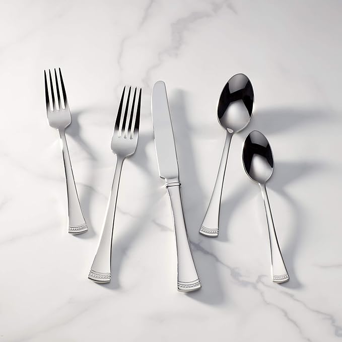 Lenox Silverware Set For 12, Portola 65-Piece Flatware Set with Serving Utensils, Service For 12, 18/10 Stainless Steel Flatware, Dishwasher Safe, Knives Spoons and Forks (Silver, 65 pieces)