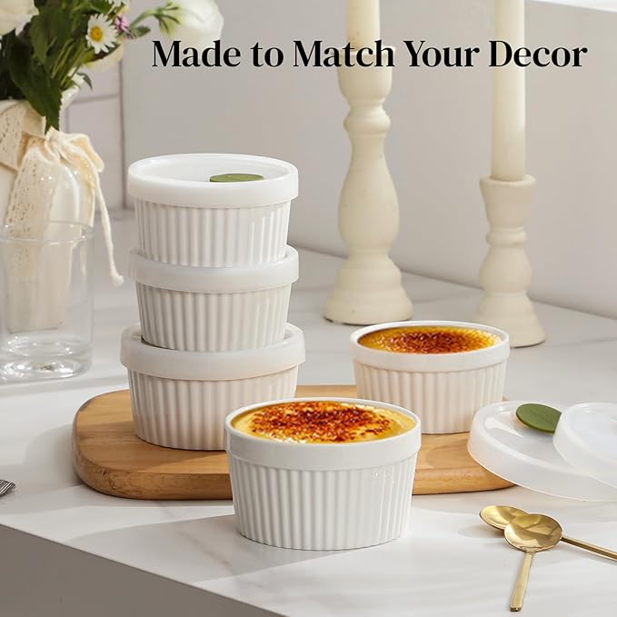 DOWAN Ramekins with lids 6 oz, Creme Brulee Ramiken Oven Safe, Ceramic Baking Bowls Souffle Dishes, Custard Cups Charcuterie Boards Bowls Dipping Sauces, Set of 6, White