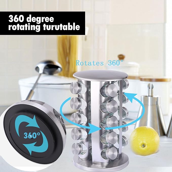 KALINCO Rotating Spice Rack Organizer, Revolving Spice Rack for Cabinet, Stainless Steel Spice Organizer with Jars(20-Jar)