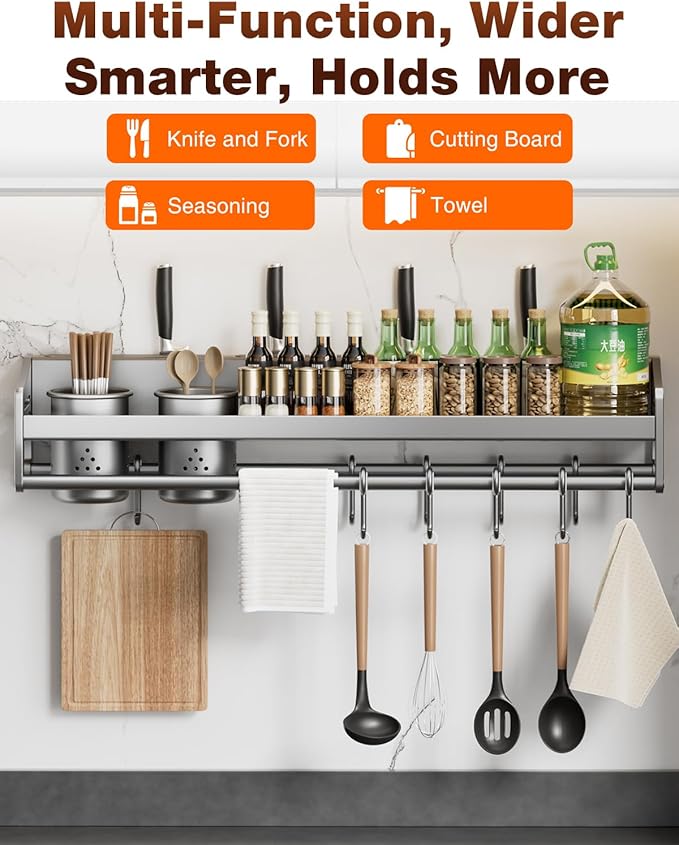utensil hanger, wall mounted kitchen rail with hooks, waterproof hooks for kitchen utensils, easy installation without drilling (23.6 inches, Cups, 2)